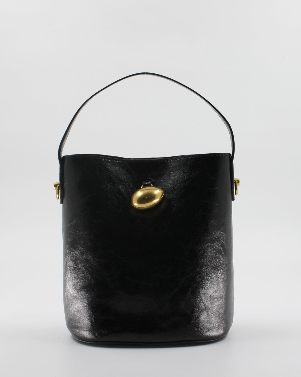 Borsa Secchiello in Similpelle Lucida con Dettaglio Gioiello e Sacca Interna - Nero