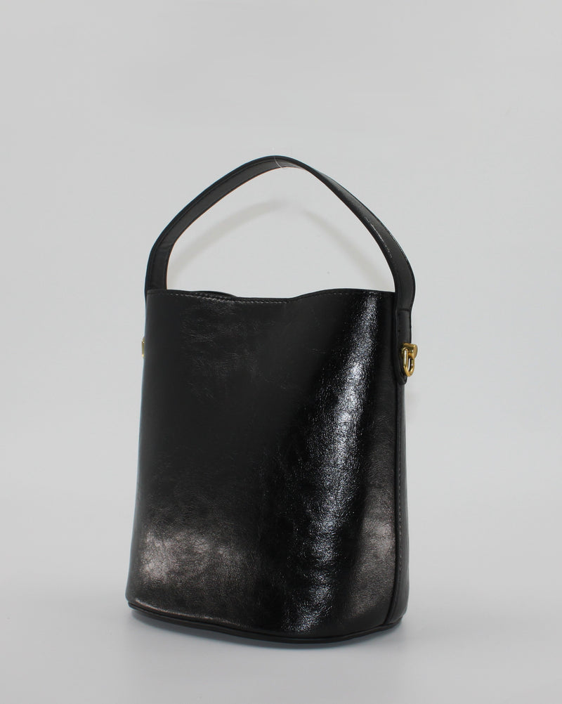 Borsa Secchiello in Similpelle Lucida con Dettaglio Gioiello e Sacca Interna - Nero