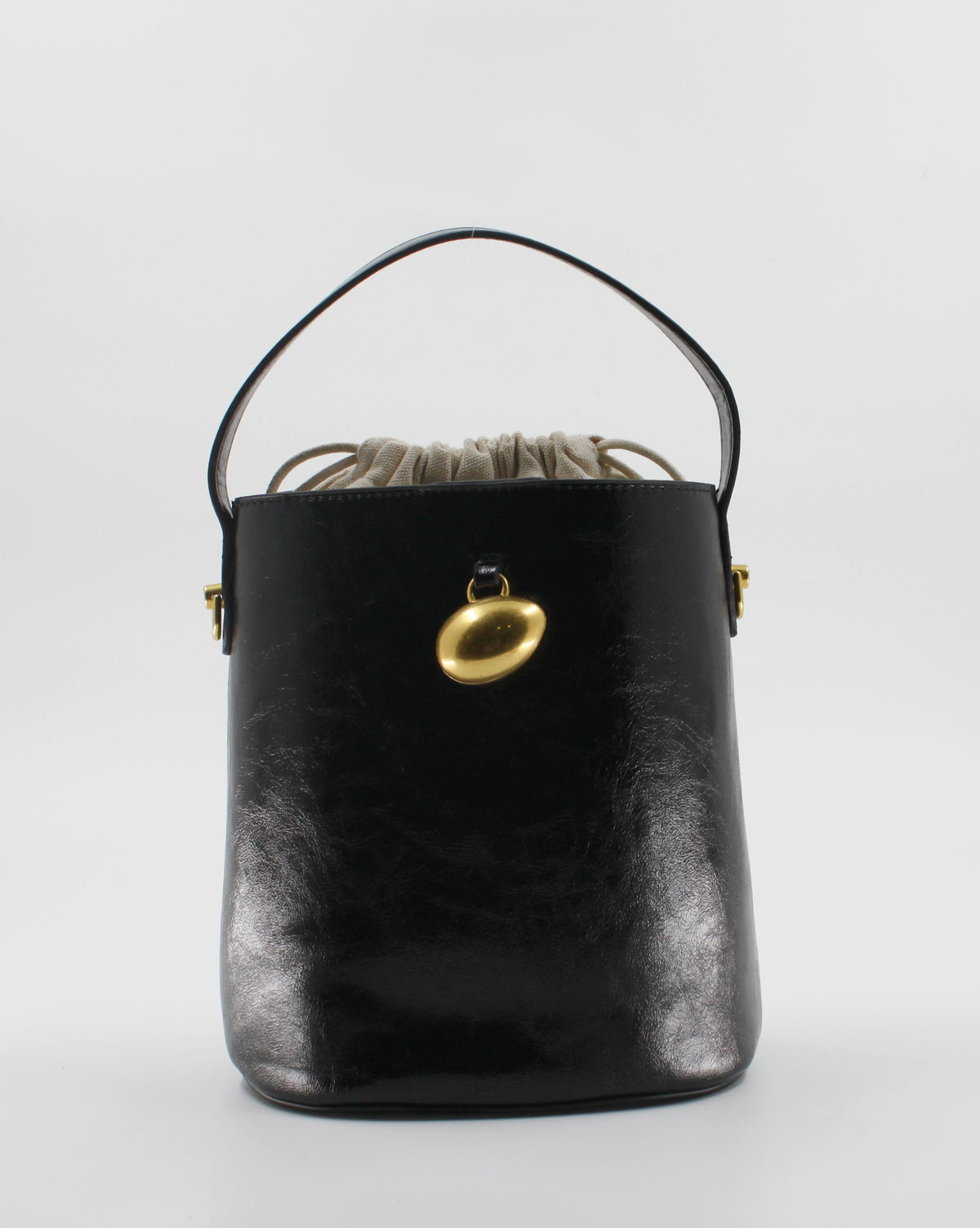 Borsa Secchiello in Similpelle Lucida con Dettaglio Gioiello e Sacca Interna - Nero