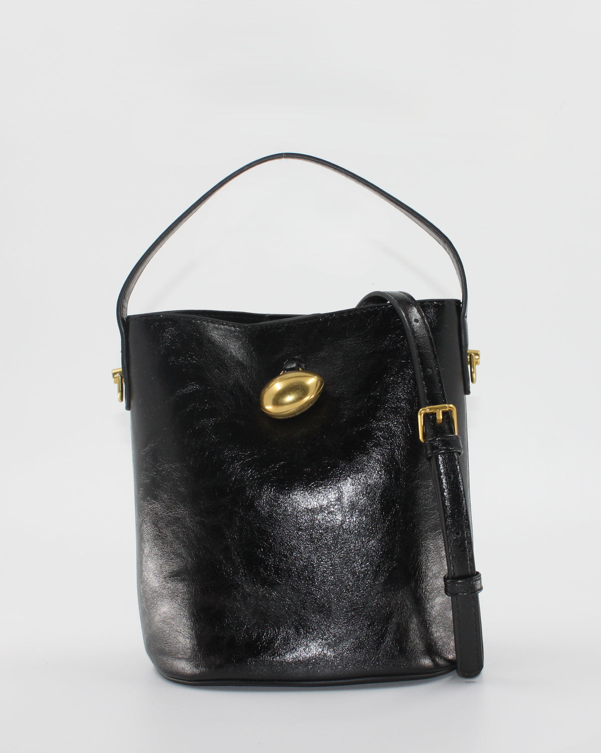 Borsa Secchiello in Similpelle Lucida con Dettaglio Gioiello e Sacca Interna - Nero
