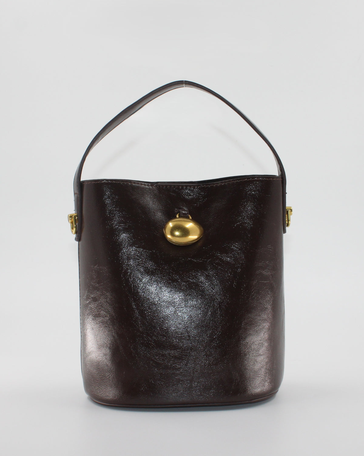 Borsa Secchiello in Similpelle Lucida con Dettaglio Gioiello e Sacca Interna - Marrone Scuro