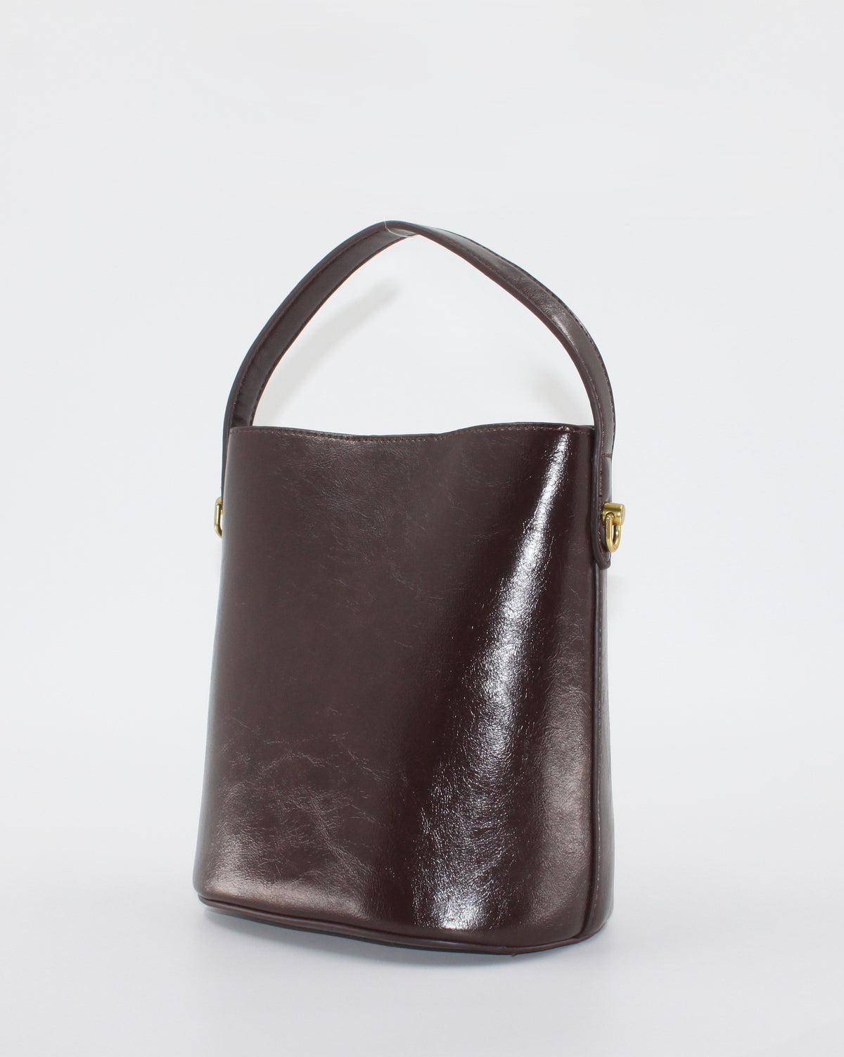 Borsa Secchiello in Similpelle Lucida con Dettaglio Gioiello e Sacca Interna - Marrone Scuro