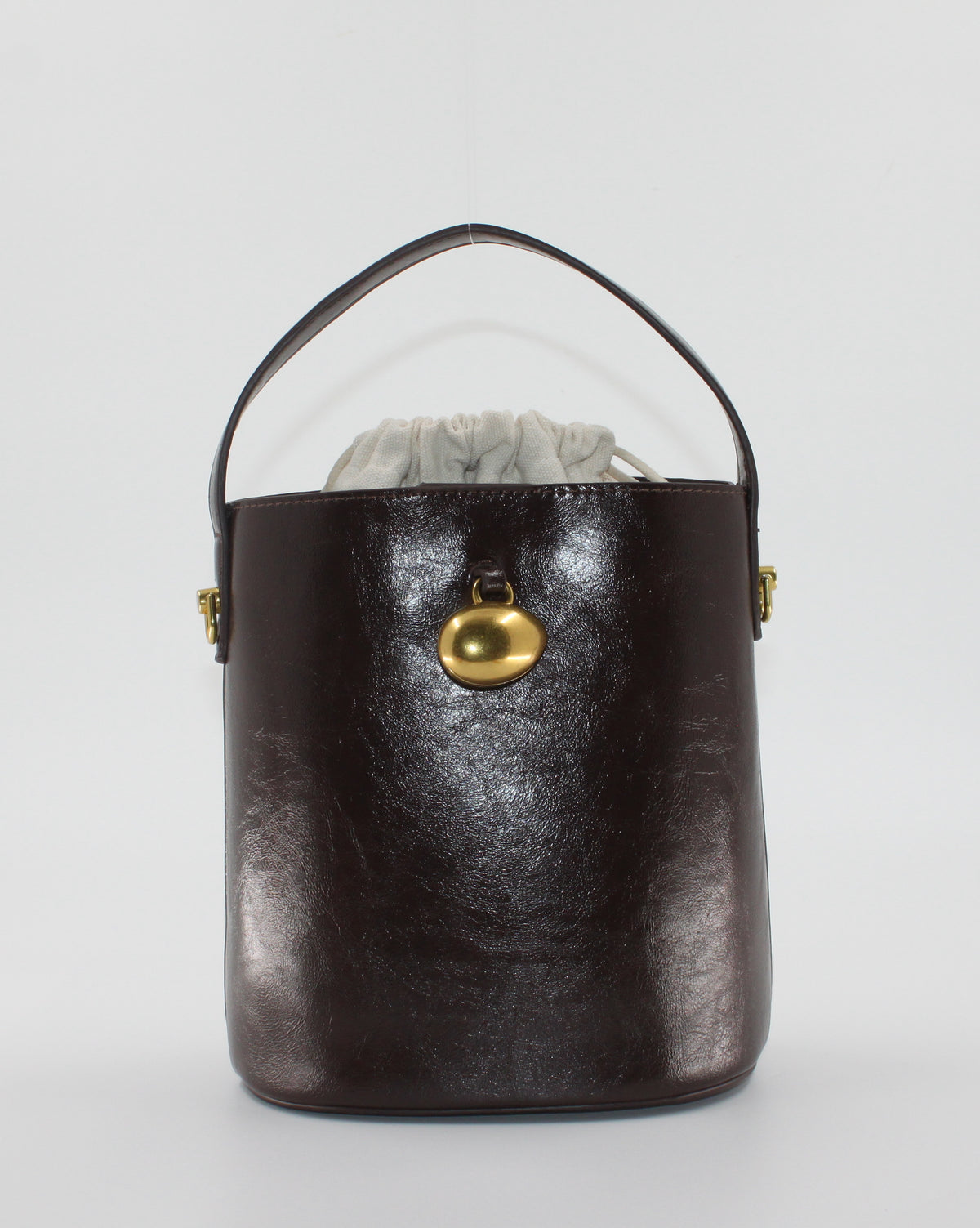 Borsa Secchiello in Similpelle Lucida con Dettaglio Gioiello e Sacca Interna - Marrone Scuro