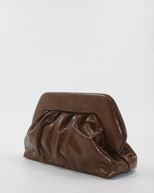 Borsa Pochette / Clutch Morbida Plissé in Similpelle Lucida con Tracolla - Marrone Scuro