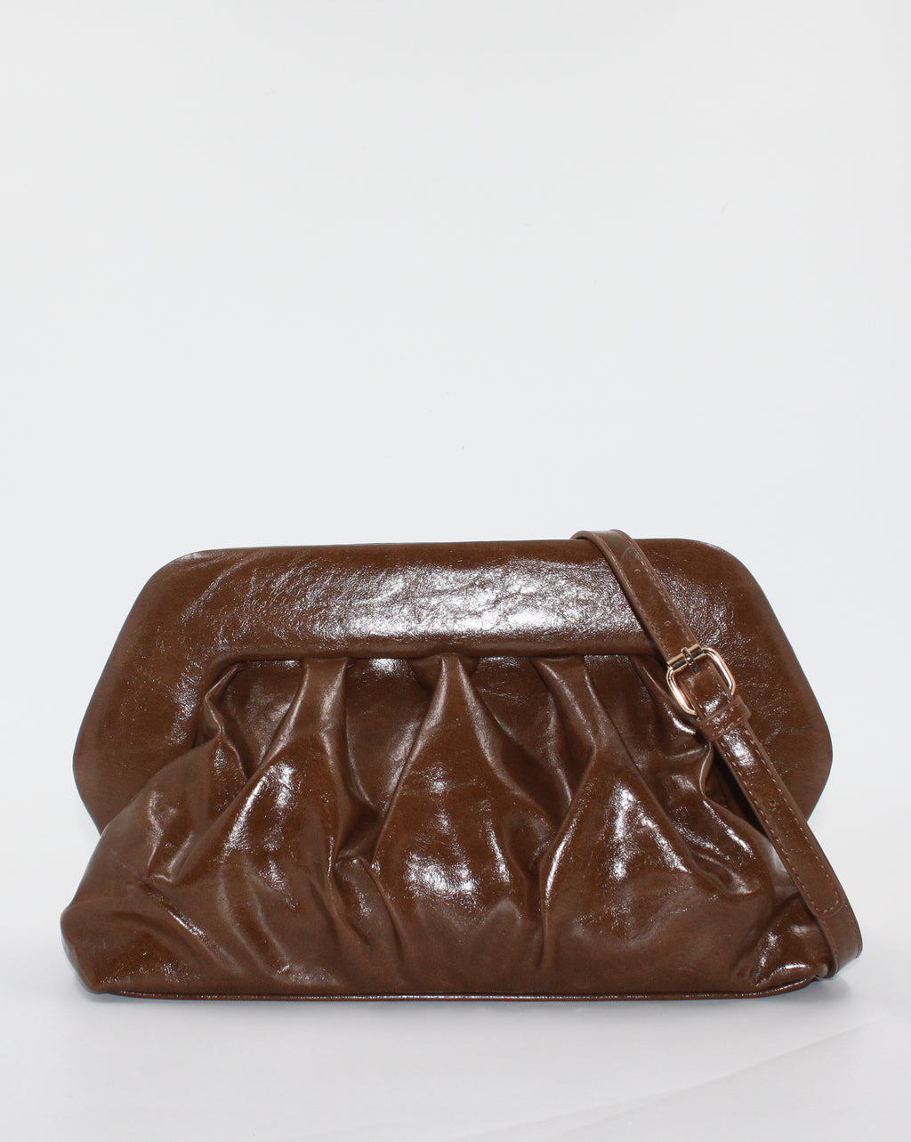 Borsa Pochette / Clutch Morbida Plissé in Similpelle Lucida con Tracolla - Marrone Chiaro