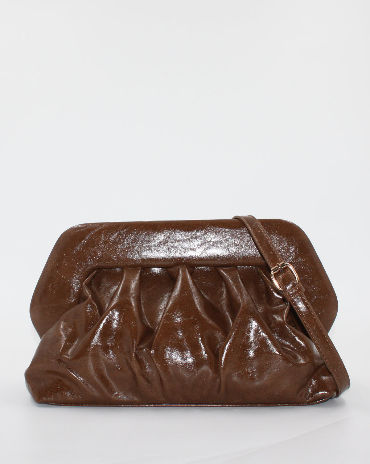Borsa Pochette / Clutch Morbida Plissé in Similpelle Lucida con Tracolla - Marrone Scuro