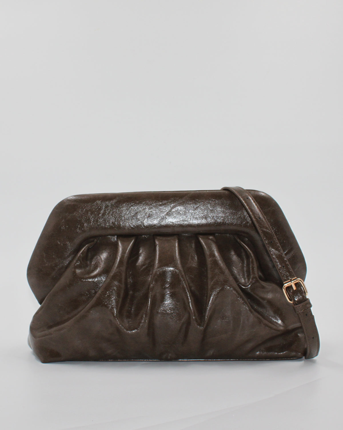 Borsa Pochette / Clutch Morbida Plissé in Similpelle Lucida con Tracolla - Marrone Scuro