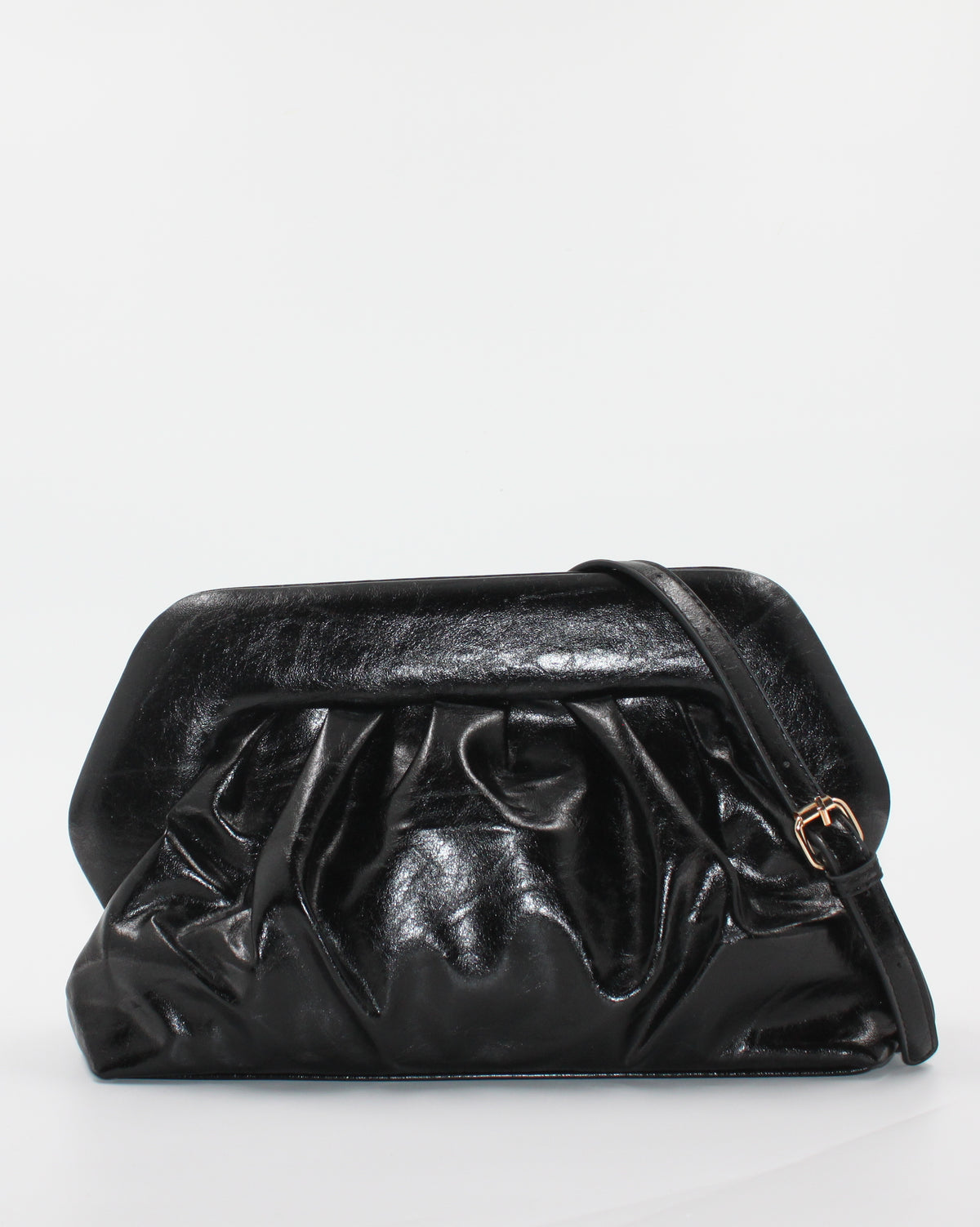 Borsa Pochette / Clutch Morbida Plissé in Similpelle Lucida con Tracolla - Nero