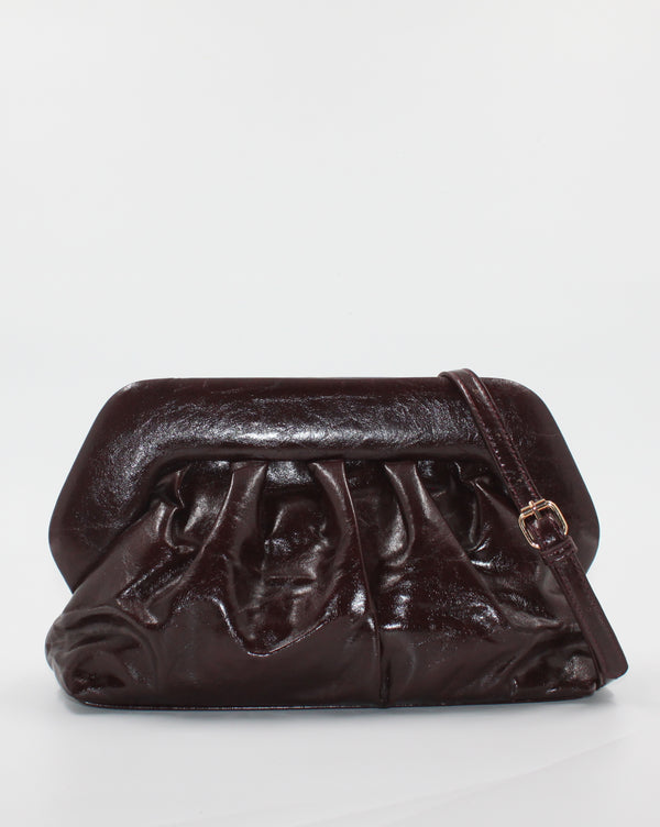 Borsa Pochette / Clutch Morbida Plissé in Similpelle Lucida con Tracolla - Bordeaux