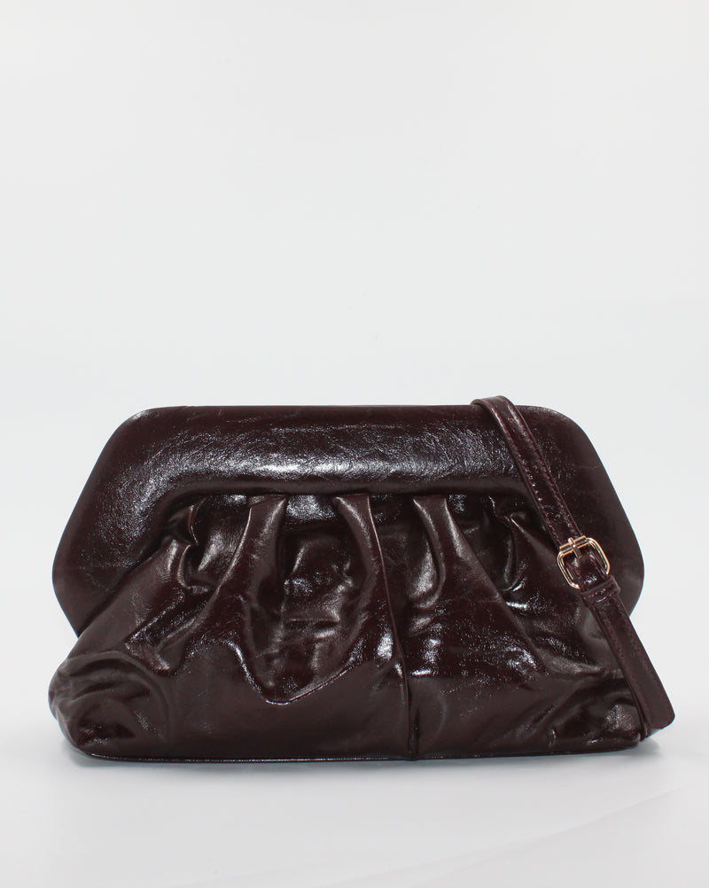 Borsa Pochette / Clutch Morbida Plissé in Similpelle Lucida con Tracolla - Bordeaux