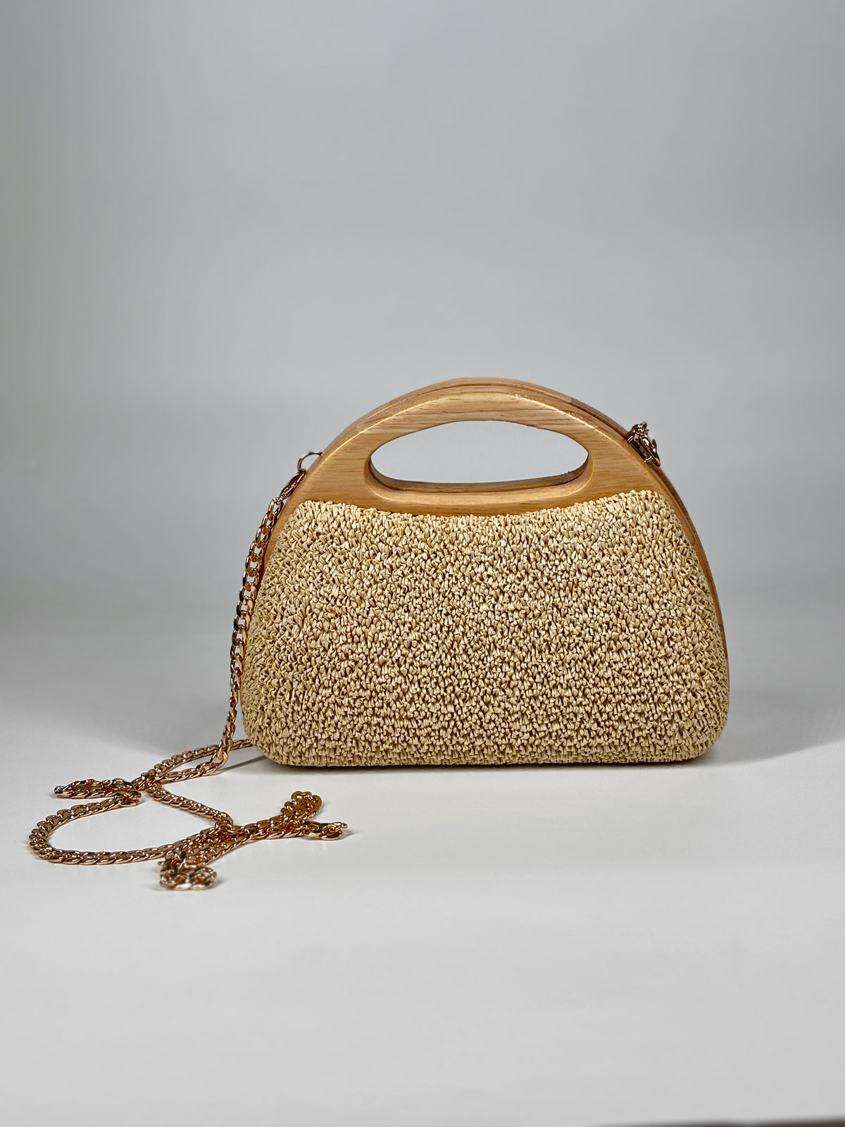 Borsa Clutch in Paglia Intrecciata con Manico in Legno- Beige