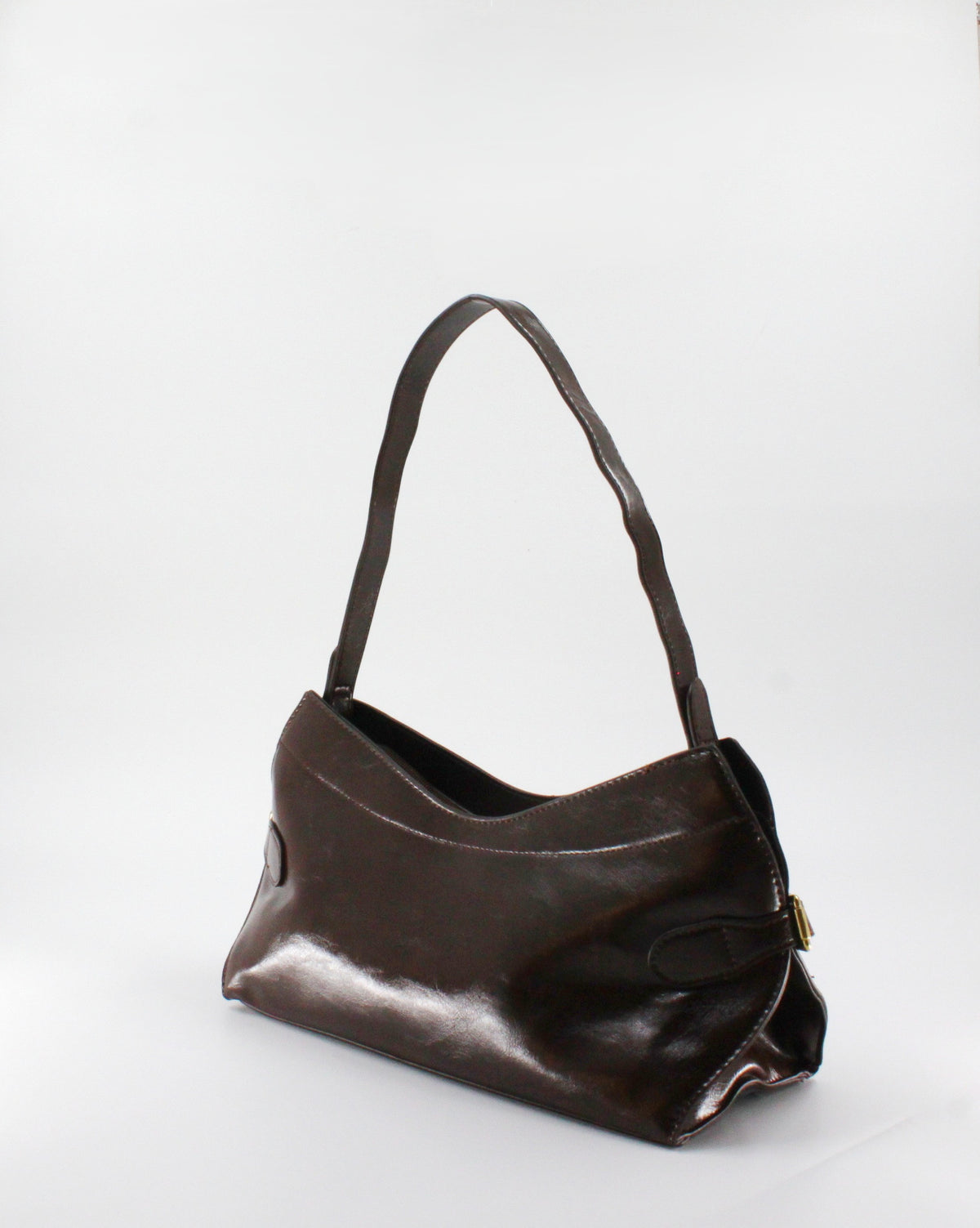 Borsa a Spalla / Tracolla Sottobraccio in Similpelle Lucida con Fibbie Laterali - Marrone Scuro
