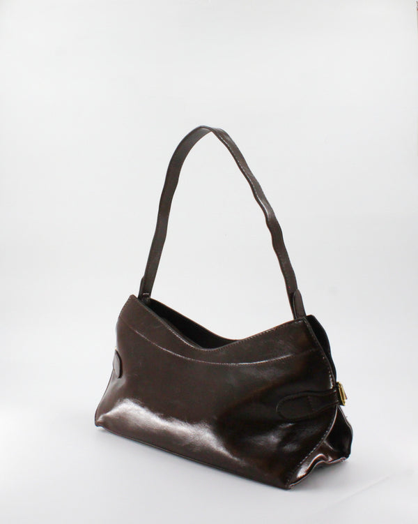 Borsa a Spalla / Tracolla Sottobraccio in Similpelle Lucida con Fibbie Laterali - Marrone Scuro