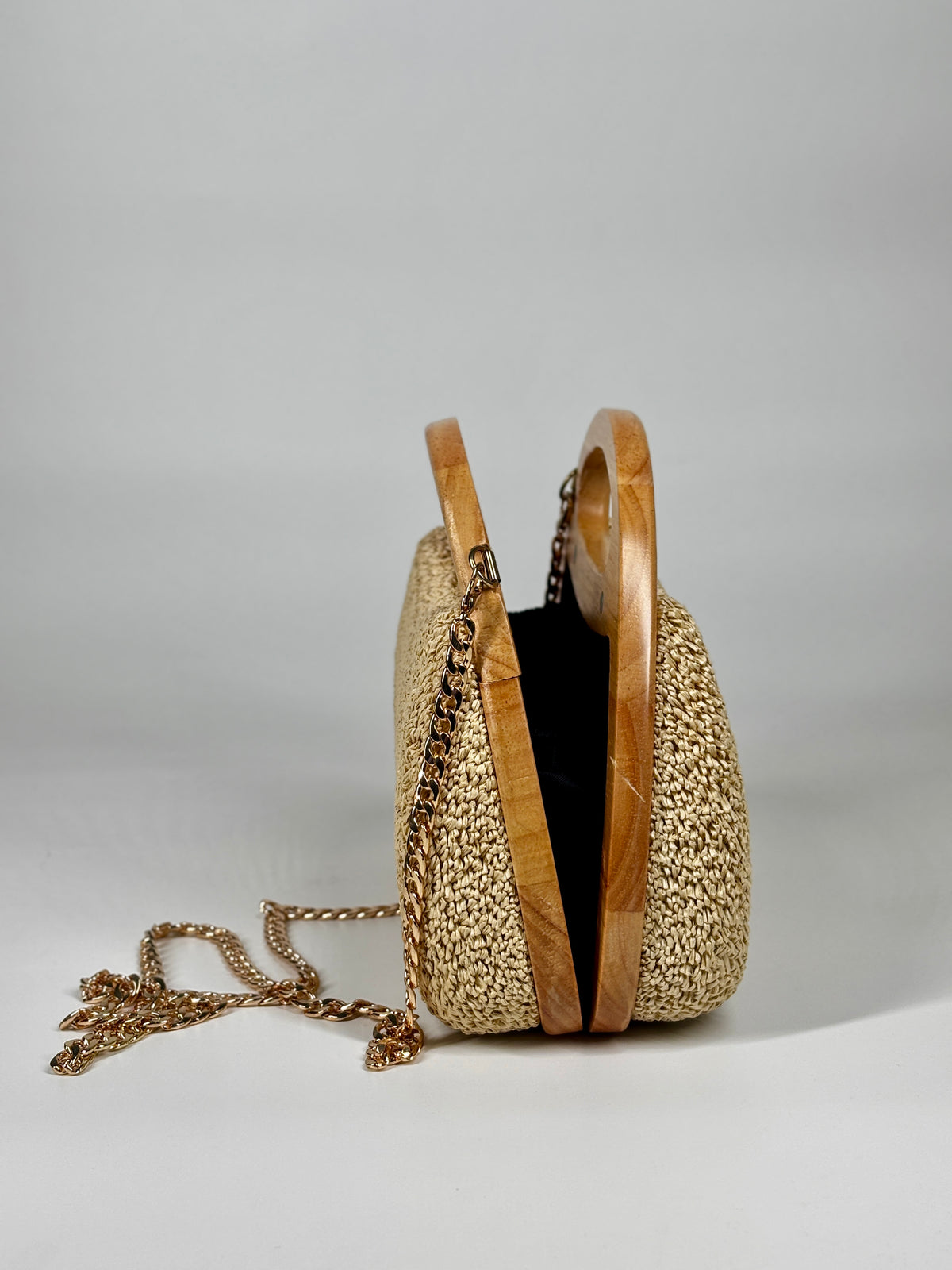 Borsa Clutch in Paglia Intrecciata con Manico in Legno- Beige