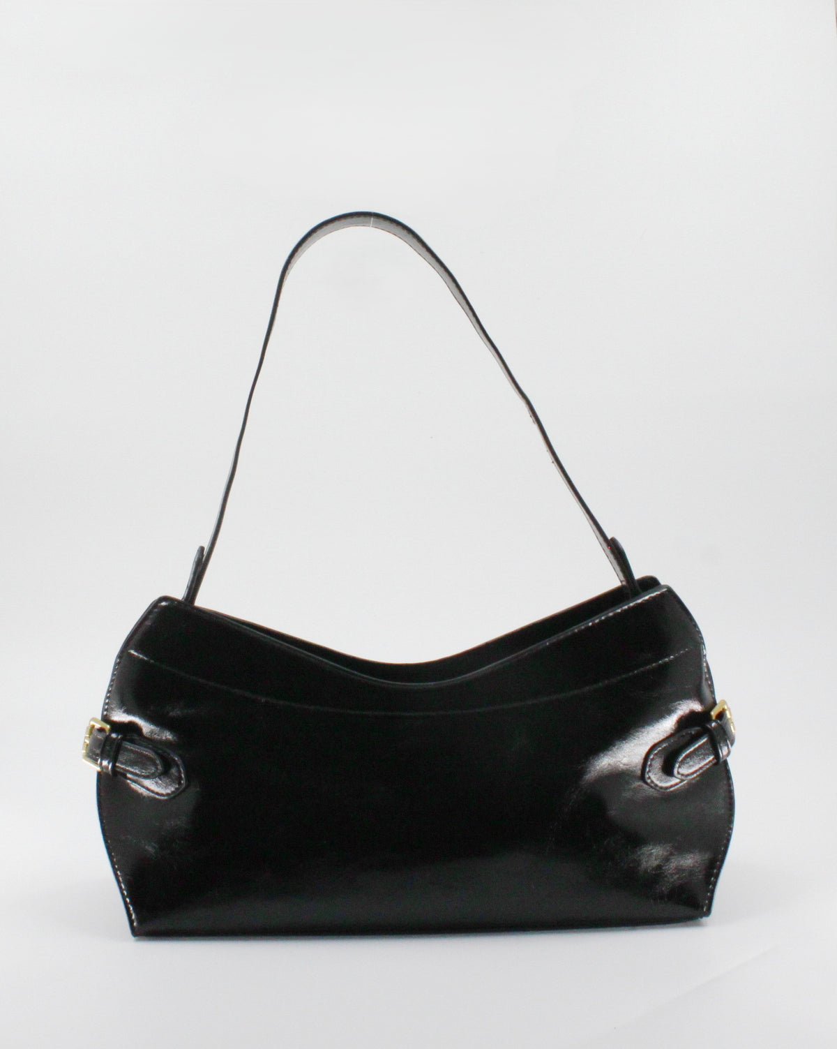 Borsa a Spalla / Tracolla Sottobraccio in Similpelle Lucida con Fibbie Laterali - Nero
