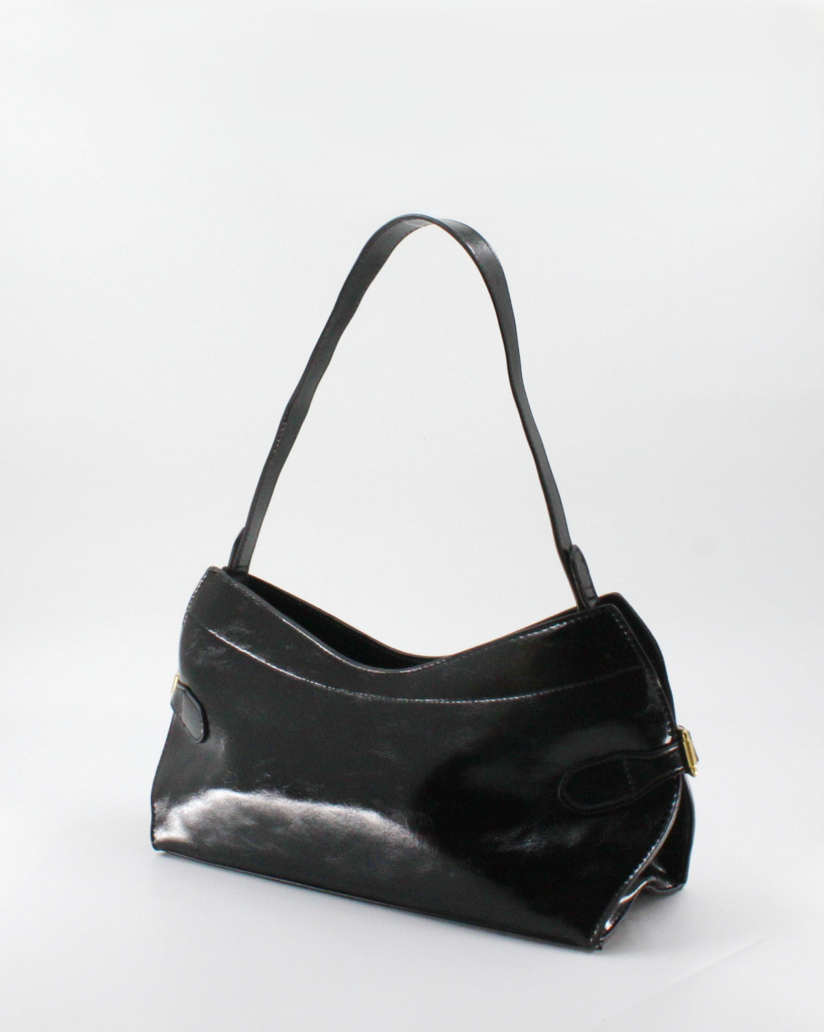 Borsa a Spalla / Tracolla Sottobraccio in Similpelle Lucida con Fibbie Laterali - Nero