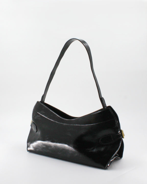 Borsa a Spalla / Tracolla Sottobraccio in Similpelle Lucida con Fibbie Laterali - Nero
