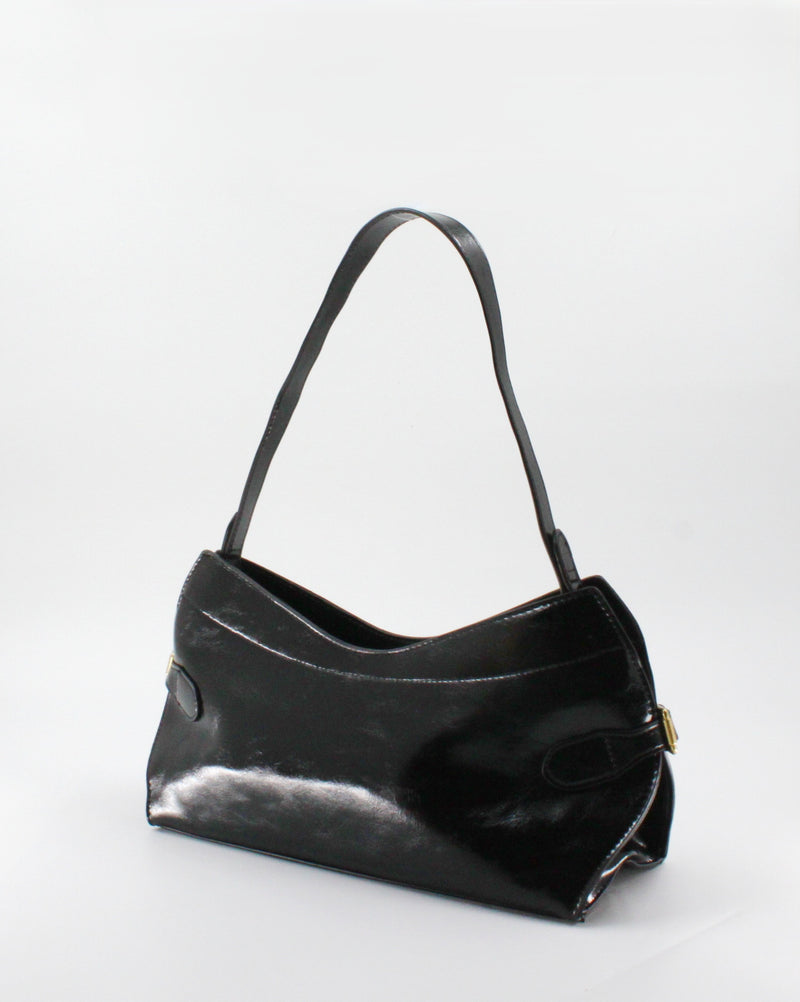Borsa a Spalla / Tracolla Sottobraccio in Similpelle Lucida con Fibbie Laterali - Nero