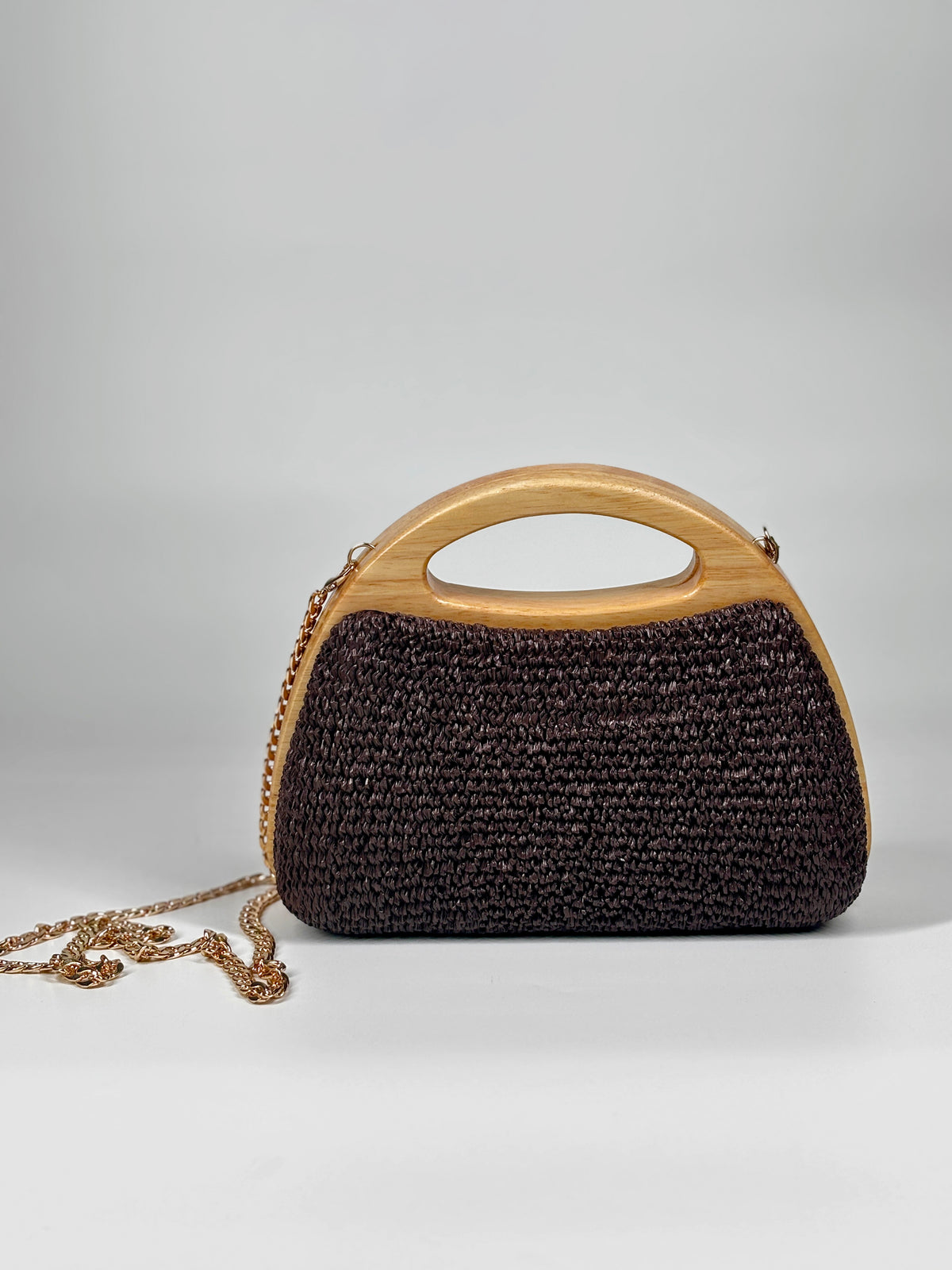 Borsa Clutch in Paglia Intrecciata con Manico in Legno - Marrone