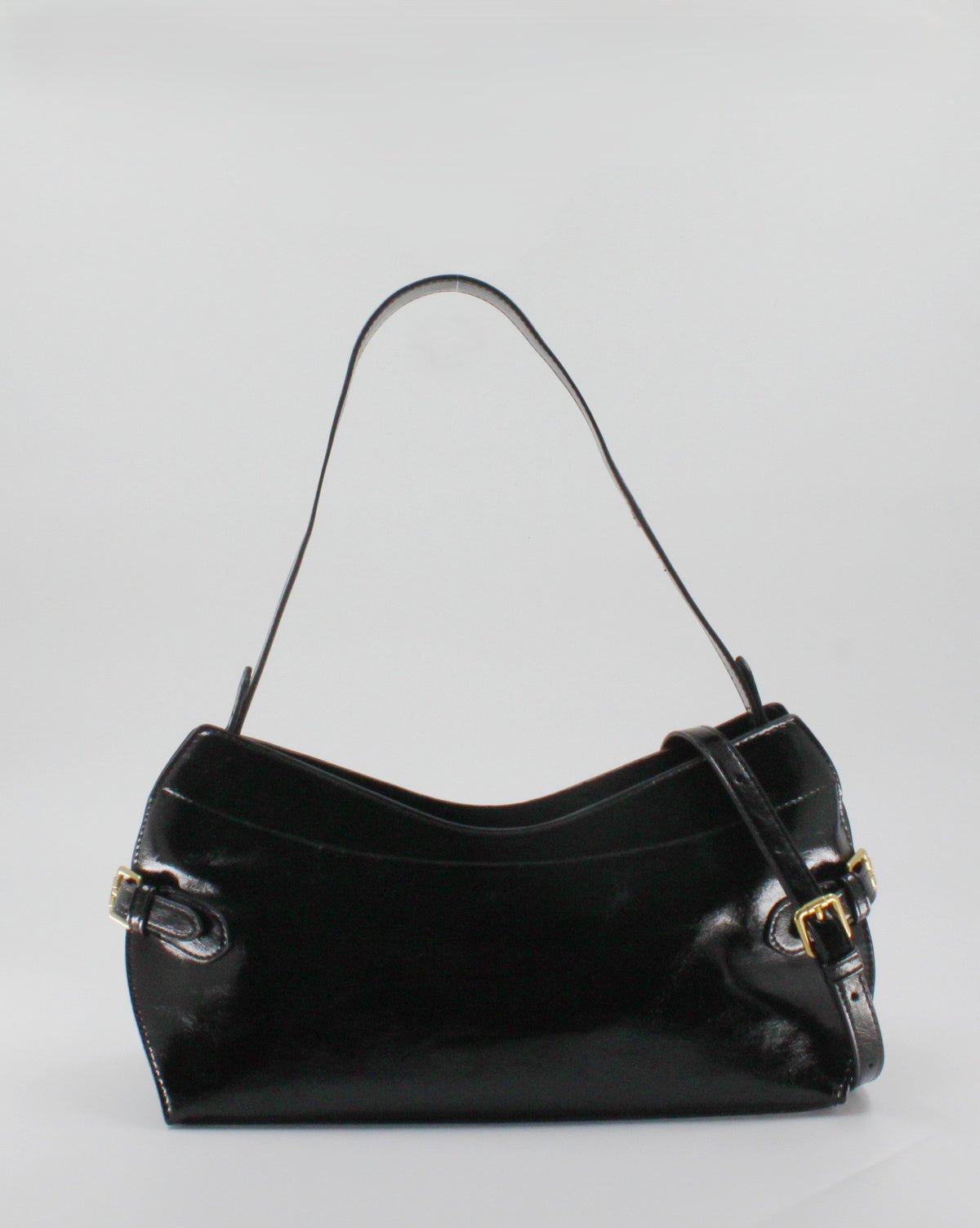 Borsa a Spalla / Tracolla Sottobraccio in Similpelle Lucida con Fibbie Laterali - Nero
