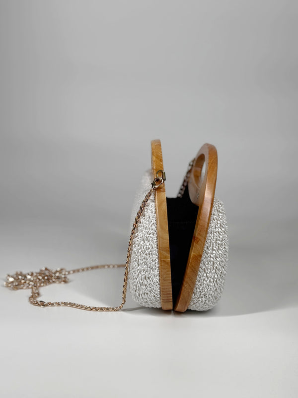 Borsa Clutch in Paglia Intrecciata con Manico in Legno - Bianco