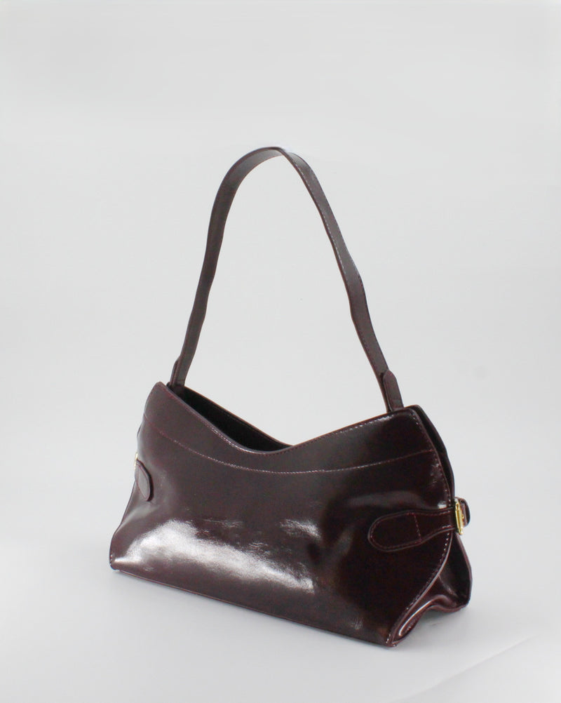 Borsa a Spalla / Tracolla Sottobraccio in Similpelle Lucida con Fibbie Laterali - Bordeaux