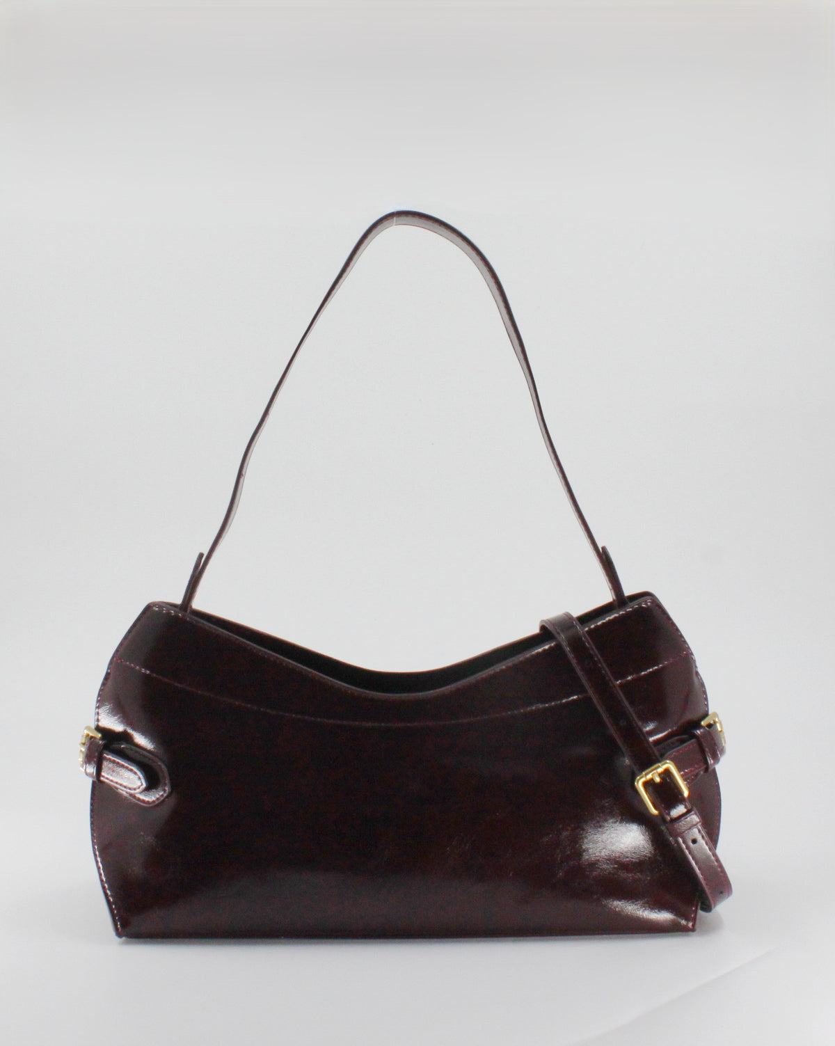 Borsa a Spalla / Tracolla Sottobraccio in Similpelle Lucida con Fibbie Laterali - Bordeaux