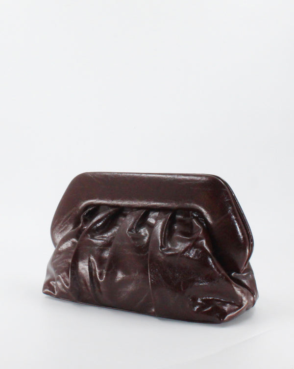 Borsa Pochette / Clutch Morbida Plissé in Similpelle Lucida con Tracolla - Marrone Scuro
