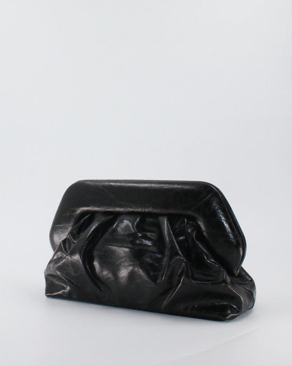 Borsa Pochette / Clutch Morbida Plissé in Similpelle Lucida con Tracolla - Nero