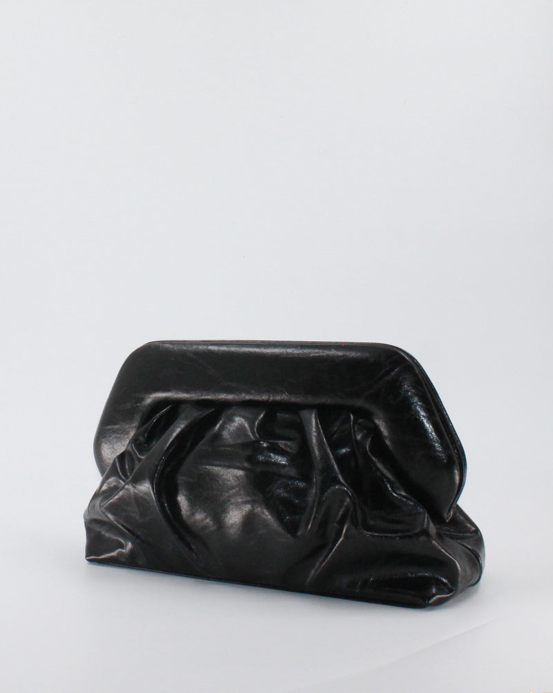 Borsa Pochette / Clutch Morbida Plissé in Similpelle Lucida con Tracolla - Nero