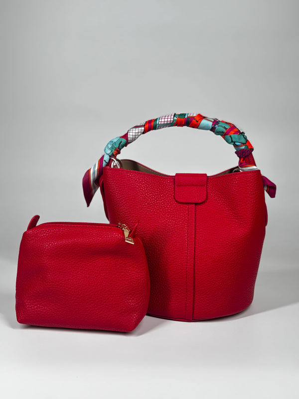 Secchiello in Vera Pelle con Foulard Intrecciato - Rosso