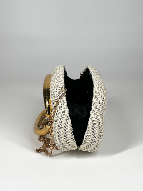 Clutch in Paglia Intrecciata con Manico Gioiello - Bianco