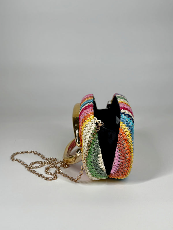 Clutch in Paglia Intrecciata con Manico Gioiello - Multicolor