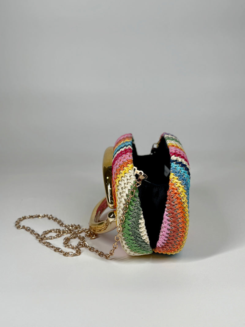 Clutch in Paglia Intrecciata con Manico Gioiello - Multicolor
