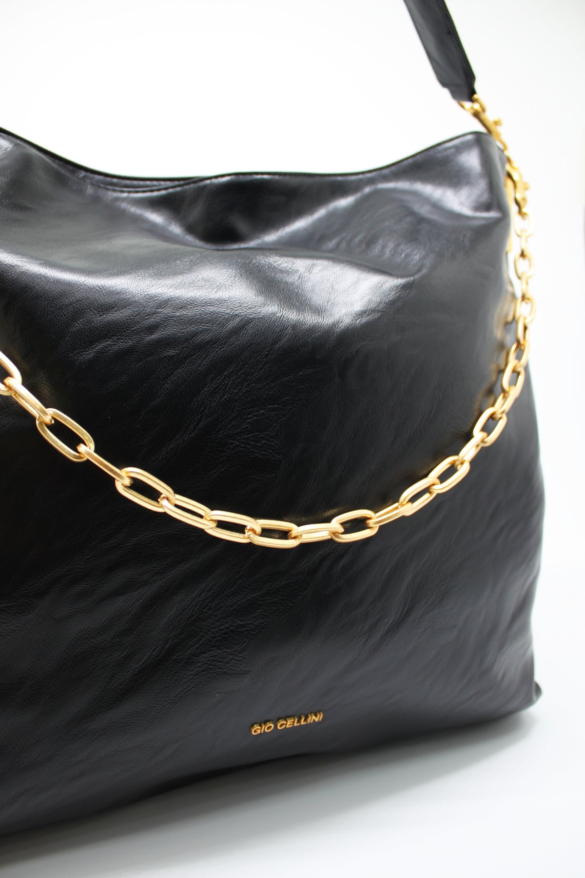 Borsa Shopper Giò Cellini Nero Effetto Vintage con Catena Dorata e Manico Singolo