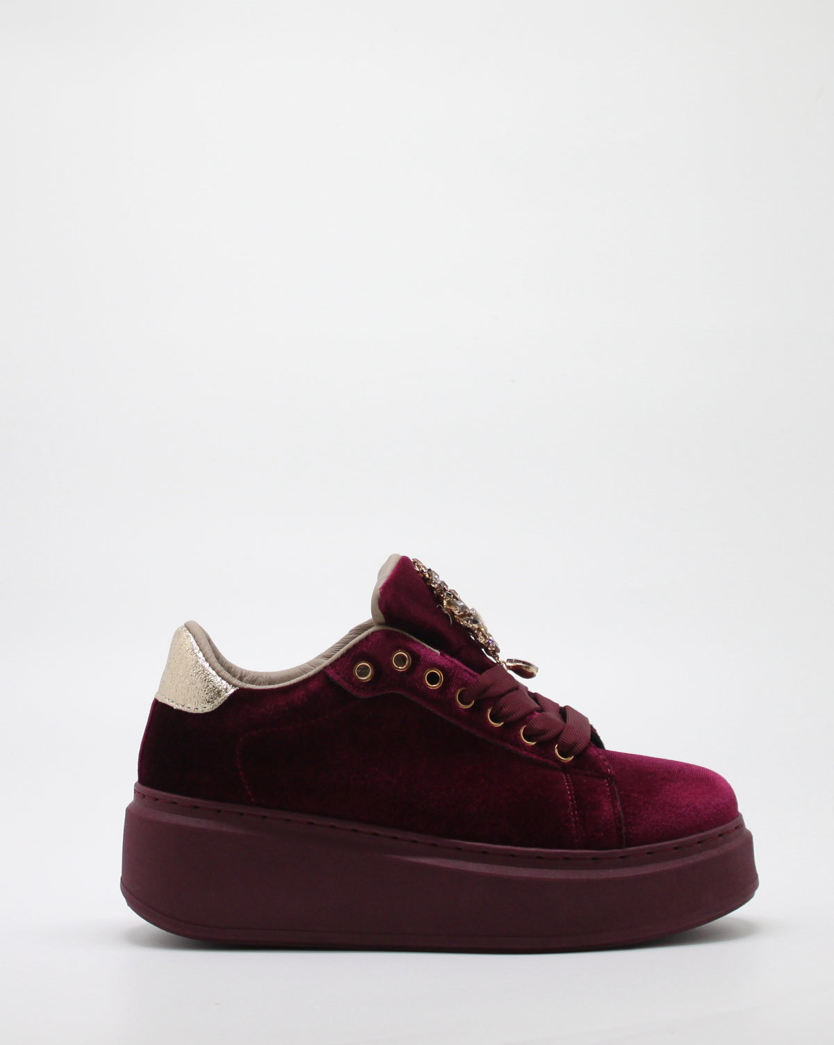 Sneakers Platform in Velluto Wine con Spilla Gioiello
