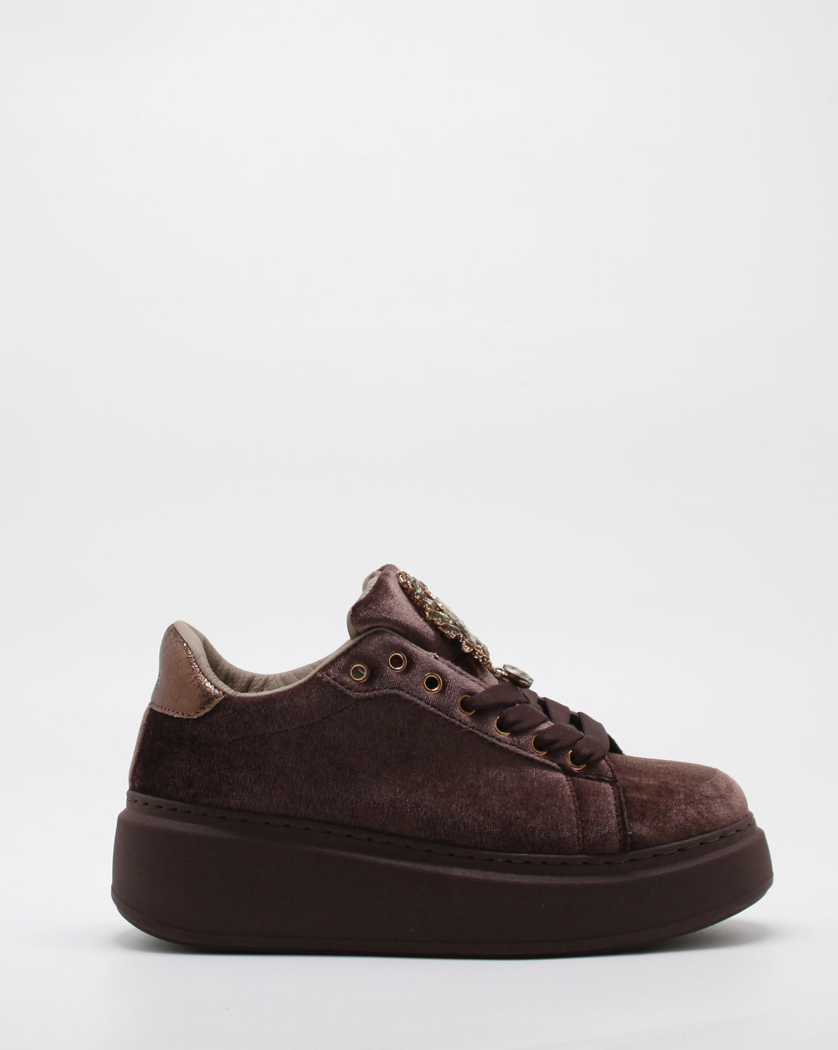 Sneakers Platform in Velluto Marrone con Spilla Gioiello