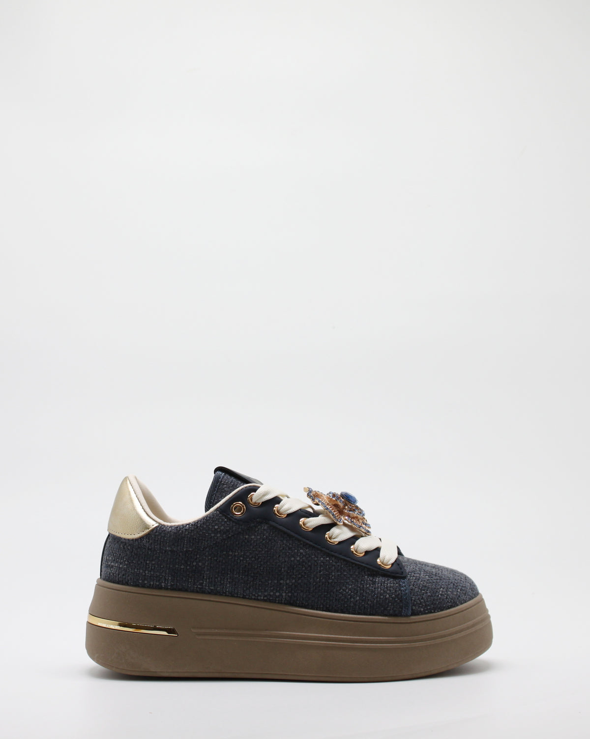 Sneakers Platform in Tessuto Melange Blu con Spille Gioiello Removibili
