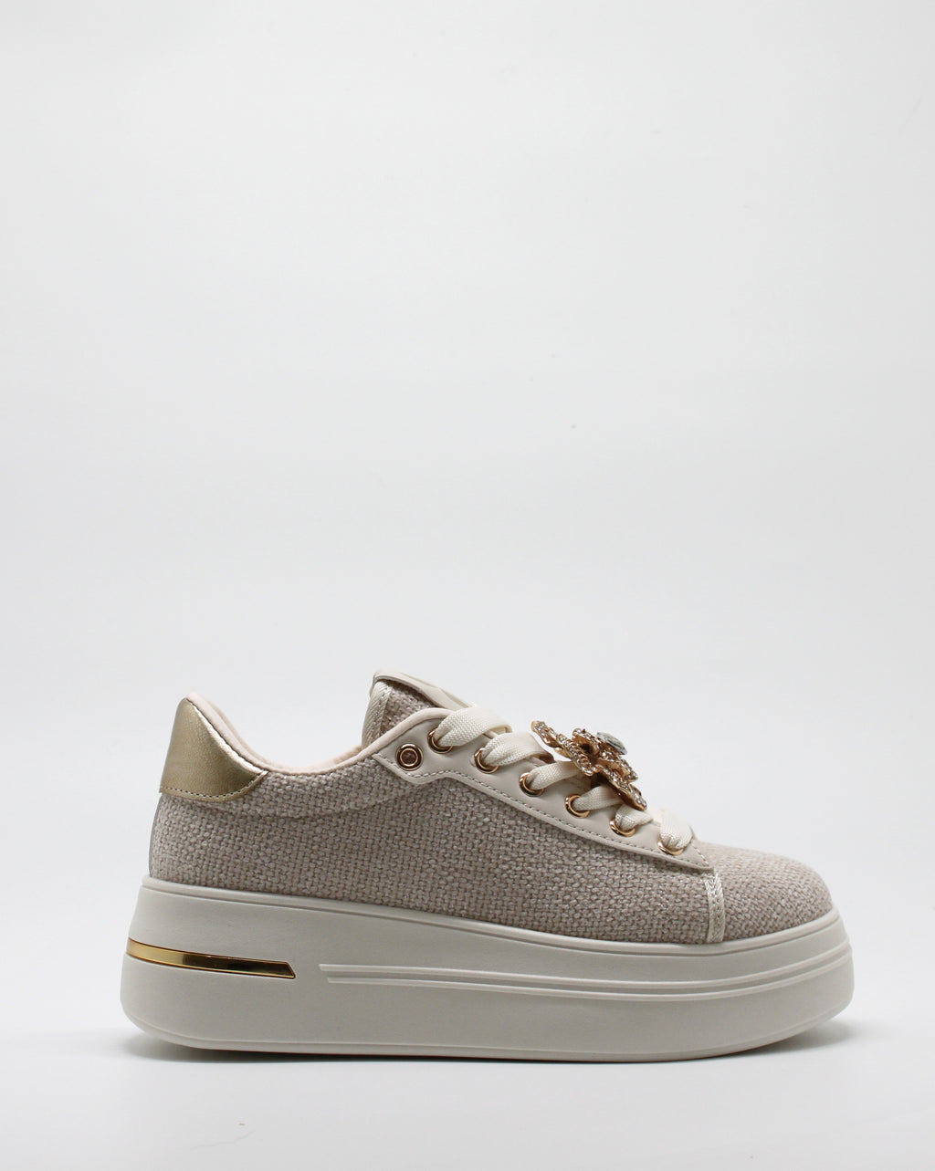 Sneakers Platform in Tessuto Beige con Spille Gioiello Removibili