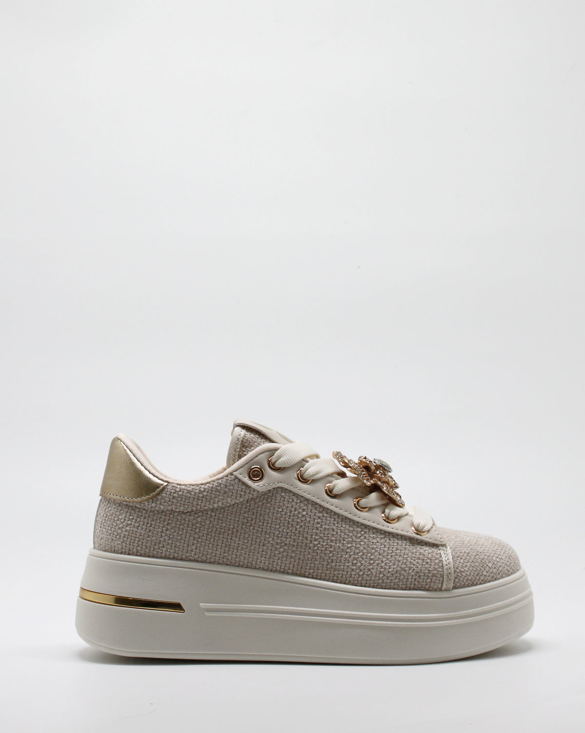 Sneakers Platform in Tessuto Beige con Spille Gioiello Removibili