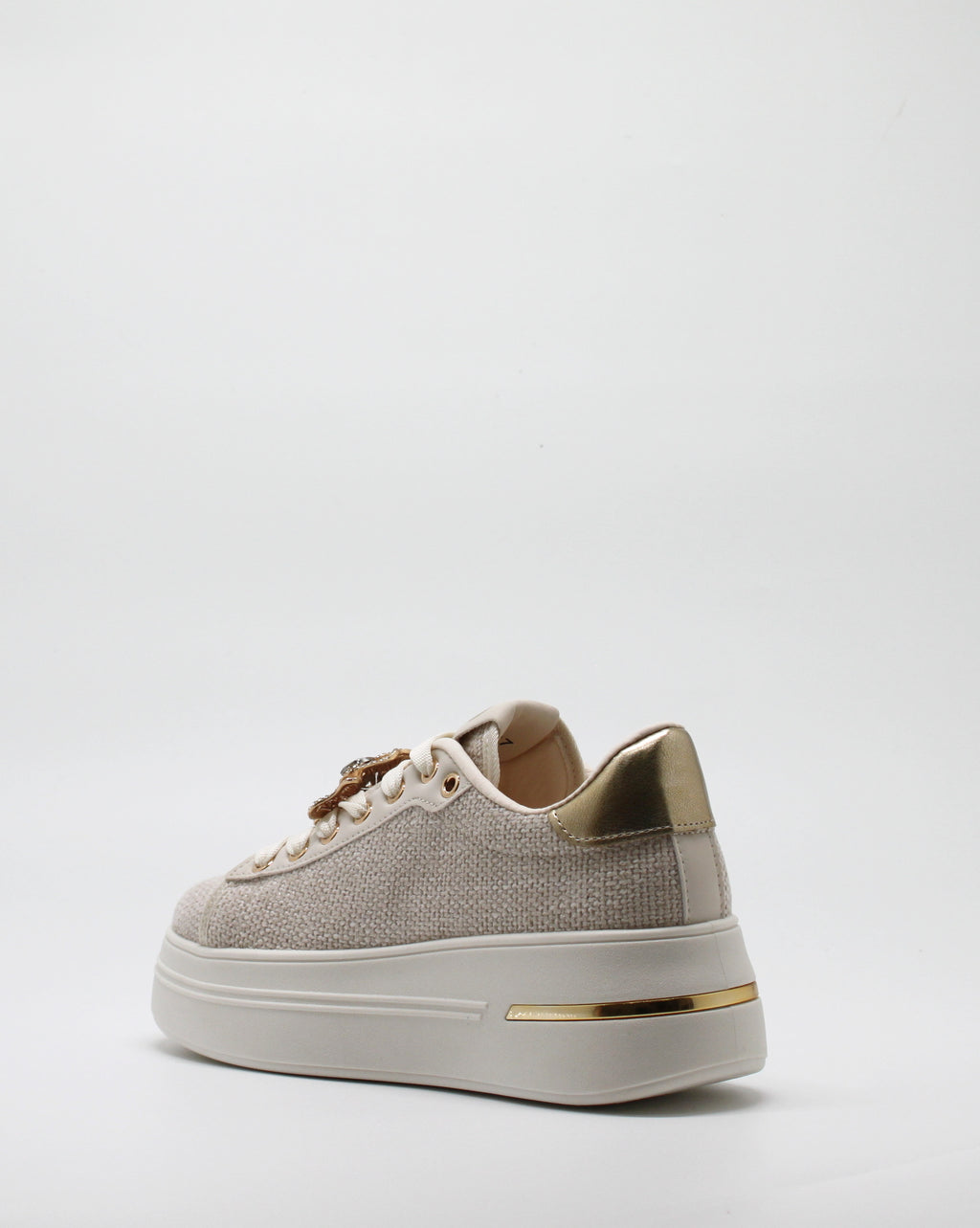 Sneakers Platform in Tessuto Beige con Spille Gioiello Removibili
