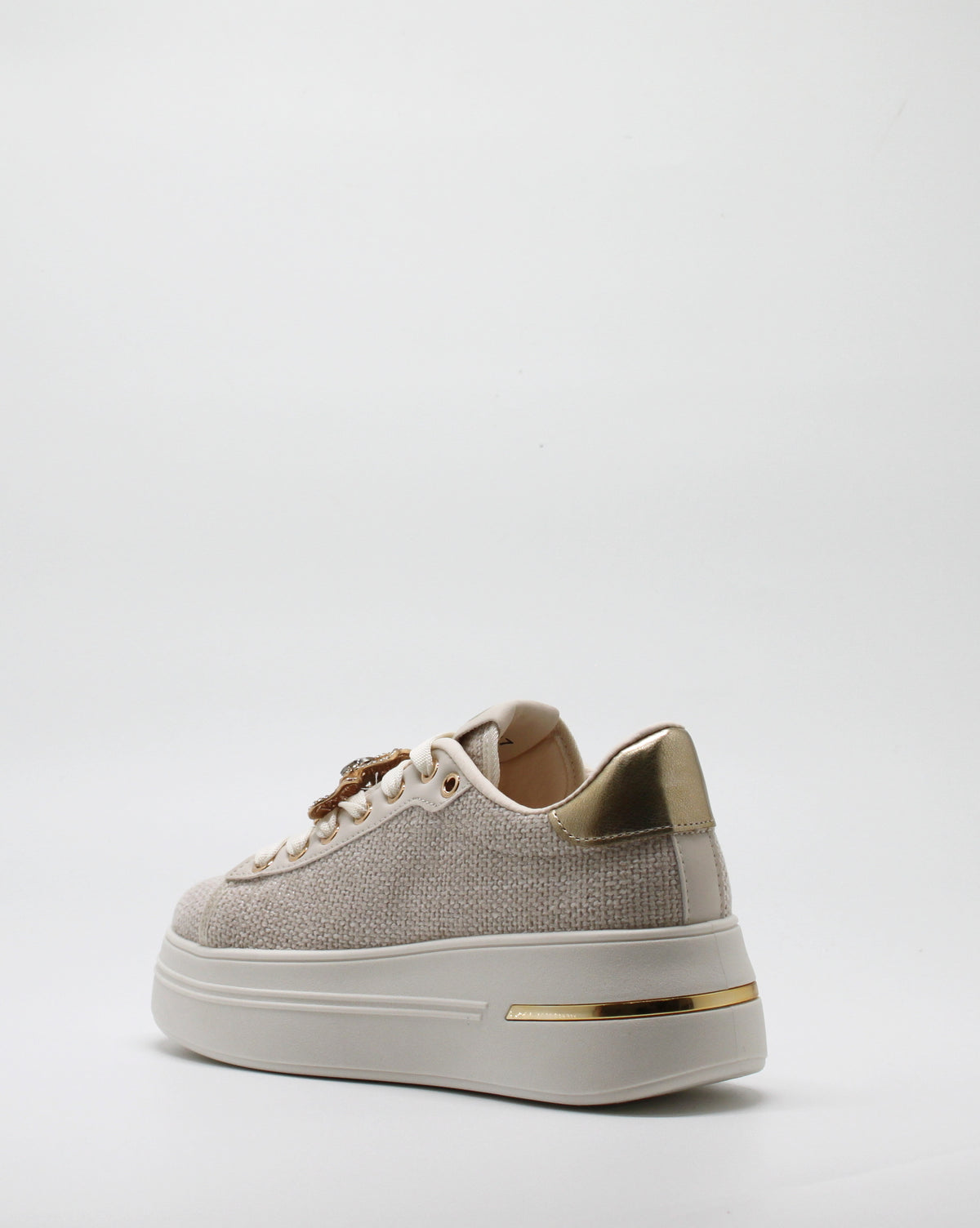 Sneakers Platform in Tessuto Beige con Spille Gioiello Removibili