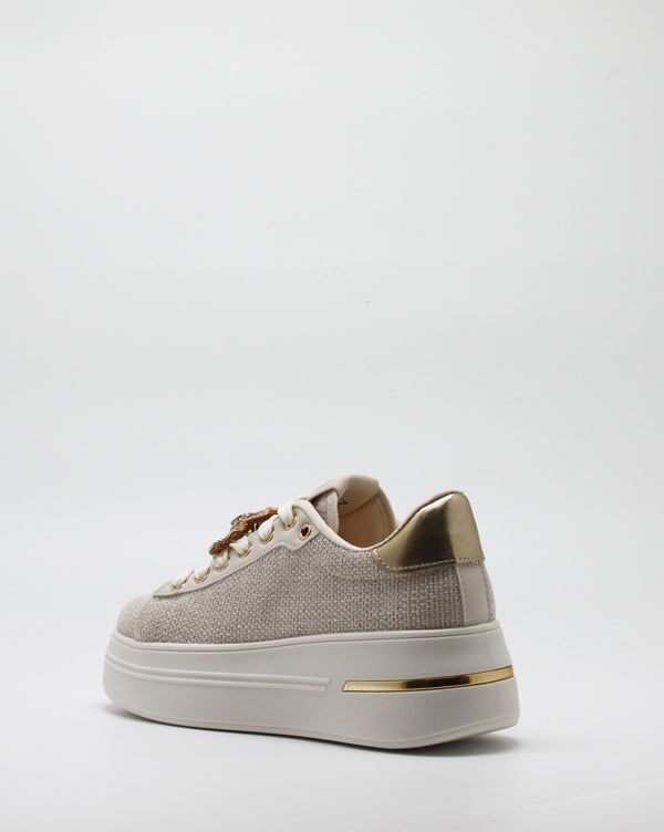 Sneakers Platform in Tessuto Beige con Spille Gioiello Removibili