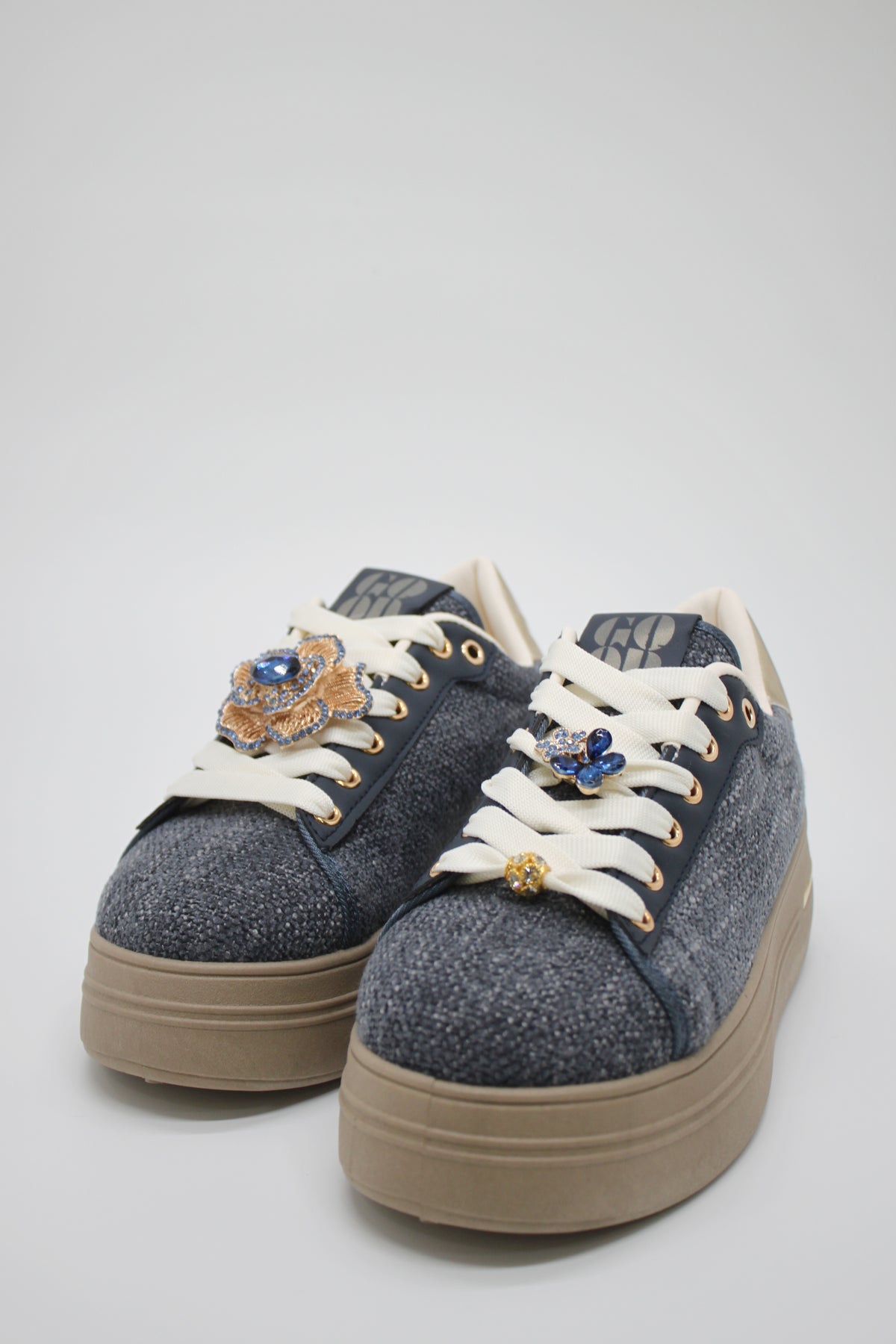 Sneakers Platform in Tessuto Melange Blu con Spille Gioiello Removibili