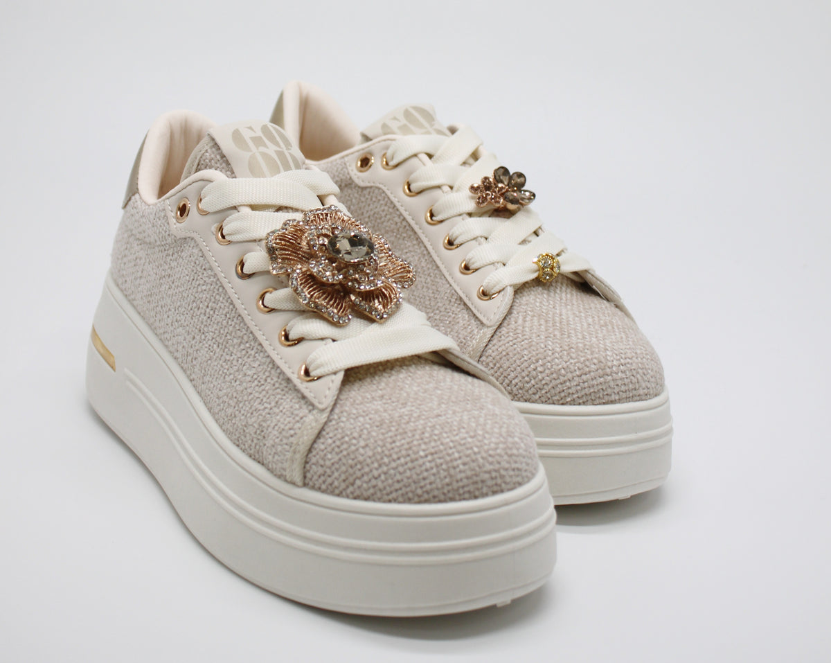 Sneakers Platform in Tessuto Beige con Spille Gioiello Removibili
