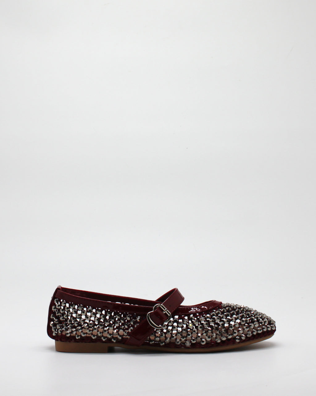 Ballerina Mary Jane in Rete con Cristalli e Dettagli in Vernice Wine