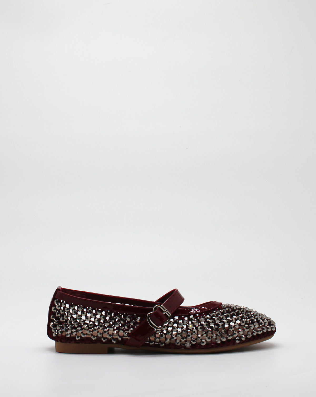 Ballerina Mary Jane in Rete con Cristalli e Dettagli in Vernice Wine