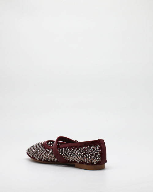 Ballerina Mary Jane in Rete con Cristalli e Dettagli in Vernice Wine