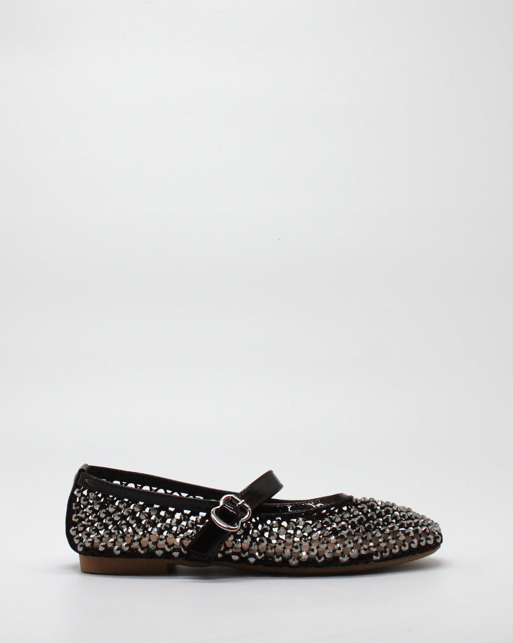 Ballerina Mary Jane in Rete con Cristalli e Dettagli in Vernice Marrone