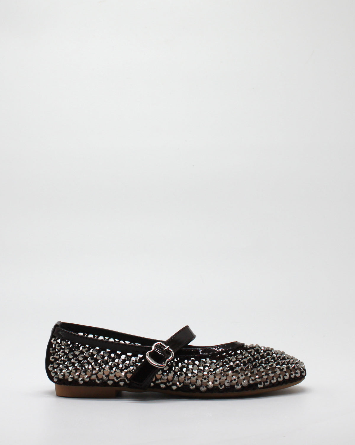 Ballerina Mary Jane in Rete con Cristalli e Dettagli in Vernice Marrone